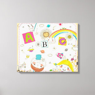 Girl and boy playing by blackboard canvas print