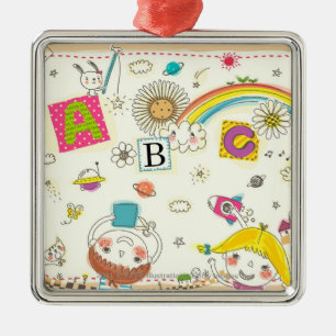 Girl and boy playing by blackboard metal tree decoration