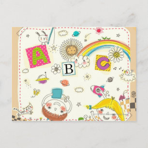 Girl and boy playing by blackboard postcard