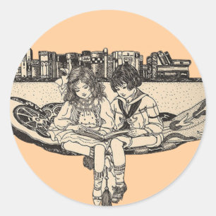 Girl and Boy Reading Classic Round Sticker
