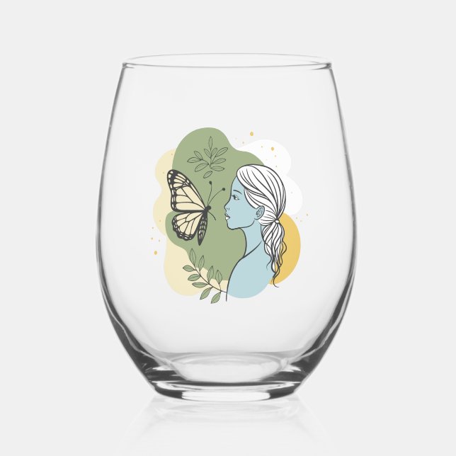 Girl and butterfly. Gentle and romantic Stemless Wine Glass (Front)