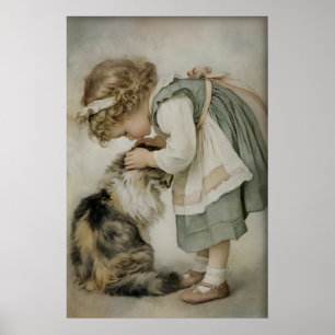 Girl And Cat Antique Print, Rustic Sage Green Poster