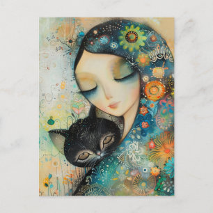 GIRL AND CAT ART JIGSAW PUZZLE POSTCARD