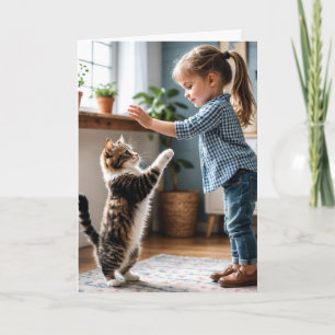 Girl And Cat High Five Birthday Card