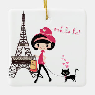 Girl and Cat in Paris Eiffel Tower Christmas Ceramic Ornament