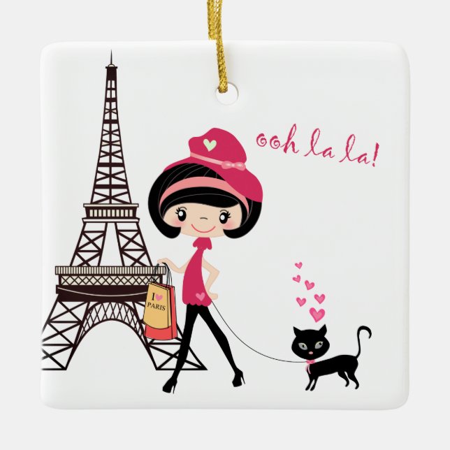 Girl and Cat in Paris Eiffel Tower Christmas Ceramic Ornament (Front)