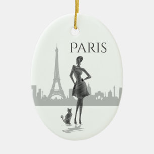 Girl and Cat in Paris with Eiffel Tower Christmas Ceramic Tree Decoration