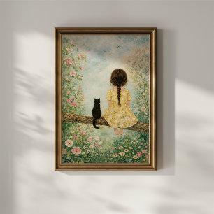 Girl and Cat in Spring Garden Poster
