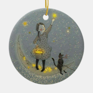 Girl and Cat On The Moon and Stars Ceramic Tree Decoration