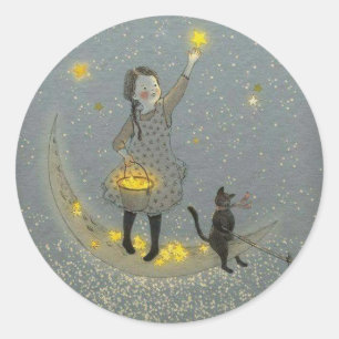 Girl and Cat On The Moon and Stars Classic Round Sticker
