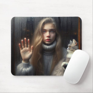 Girl and Cat Touching Glass Window Mouse Mat