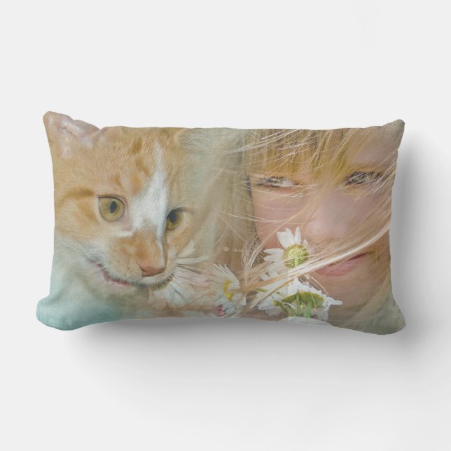 girl and cat with daisies lumbar cushion (Front)