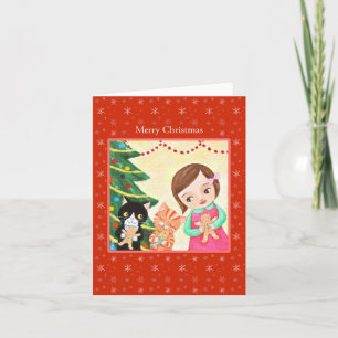 Girl and Cats with Gingerbread man Sweet Christmas Card