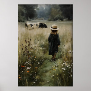 Girl And Cow Print, Vintage Farmhouse Cottagecore Poster