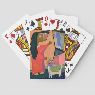 Girl and Cute Cat Playing Cards