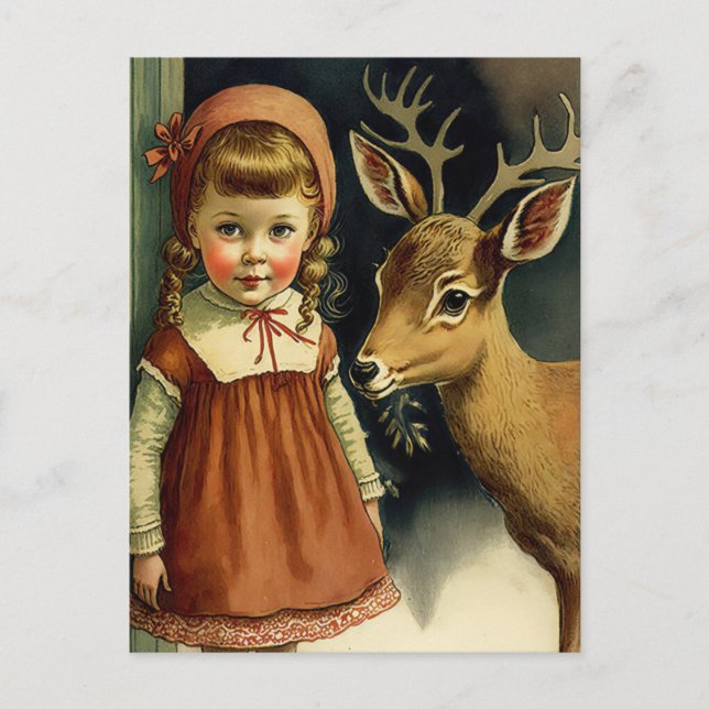 Girl and deer Christmas winter holiday card  (Front)