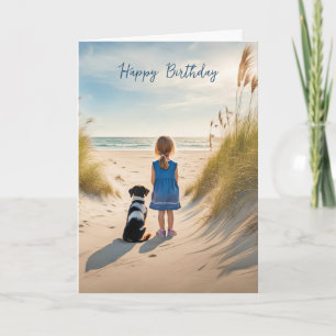 Girl and Dog On a Beach for Birthday Card