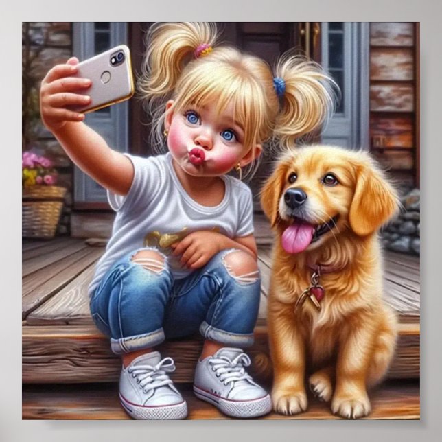 Girl and Dog Selfie Wall Poster  (Front)