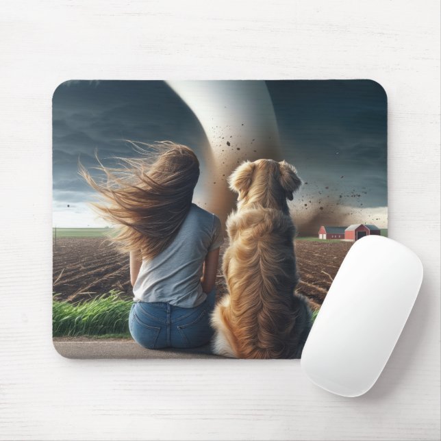 Girl and Dog Watching a Twister Mouse Mat (With Mouse)
