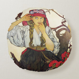 Girl and Geranium, Alphonse Mucha Throw Pillow