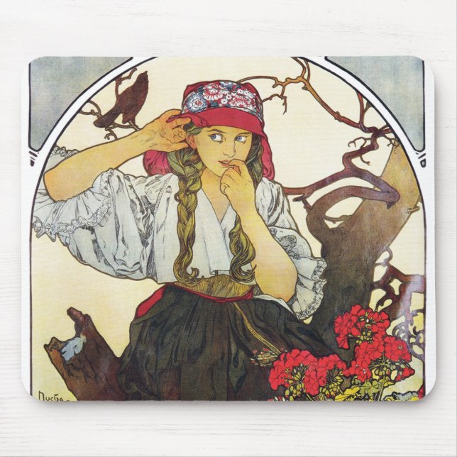 Girl and Geranium, Mucha Mouse Mat (Front)