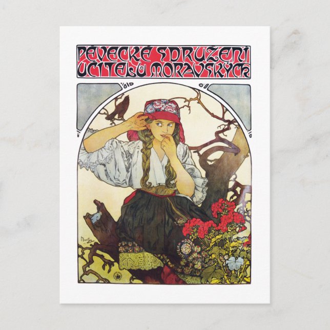 Girl and Geranium, Mucha Postcard (Front)