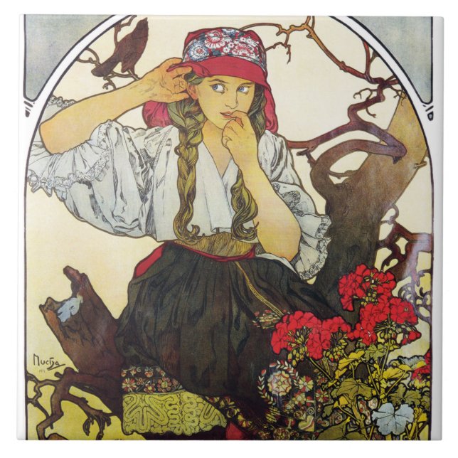 Girl and Geranium, Mucha Tile (Front)
