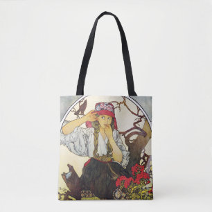 Girl and Geranium, Mucha Tote Bag