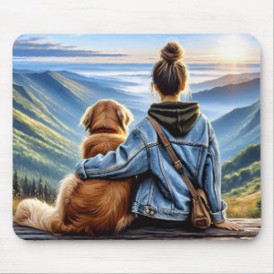 Girl and Golden Retriever Moutain Sunrise Mouse Mat