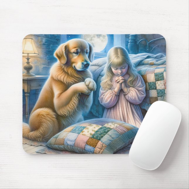 Girl and Golden Retriever Praying  Mouse Mat (With Mouse)