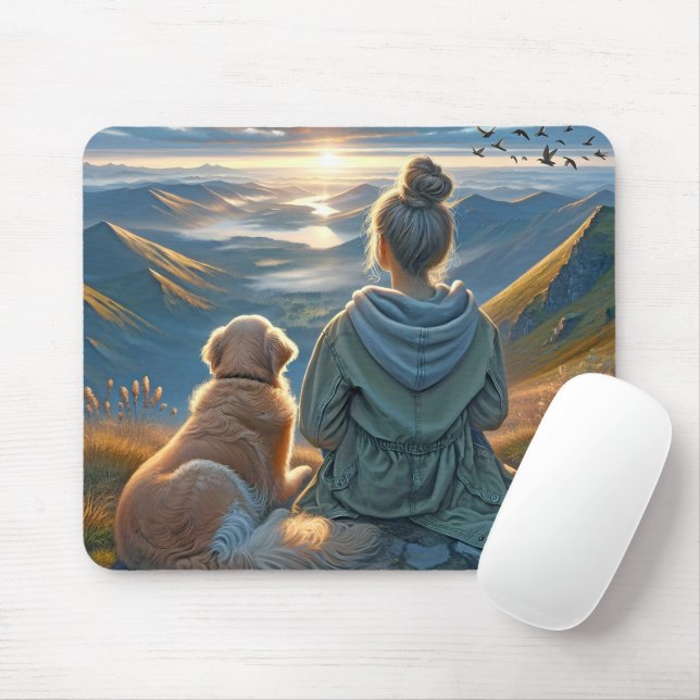 Girl and Golden Retriever Sunrise Mouse Mat (With Mouse)