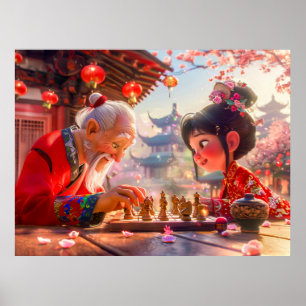 Girl and Grandpa Playing Modern Chess Poster