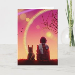 GIRL AND HER CAT ART BLANK GREETING CARD