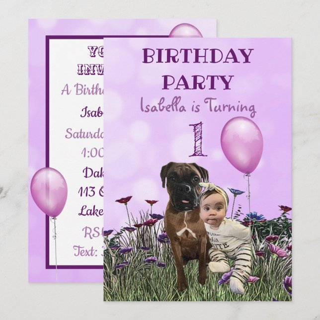 Girl  and her Dog  First Birthday Party Invitation (Front/Back)