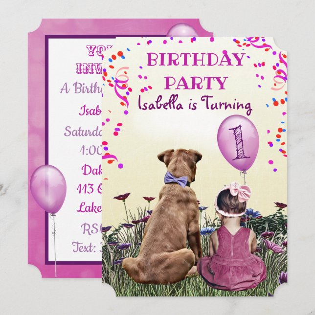 Girl  and her Dog Purple Birthday Party Invitation (Front/Back)