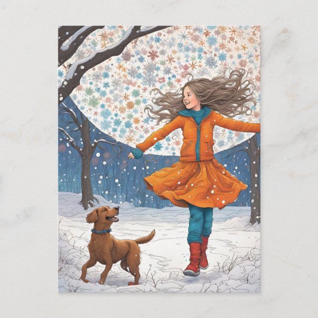 Girl and Her Dog Winter Happiness Postcard (Front)