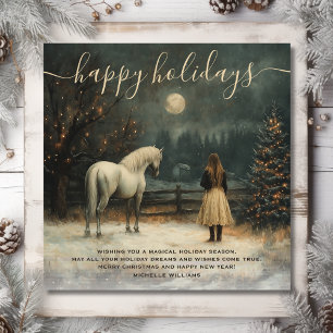 Girl and Horse Full Moon Winter Christmas Holiday Card