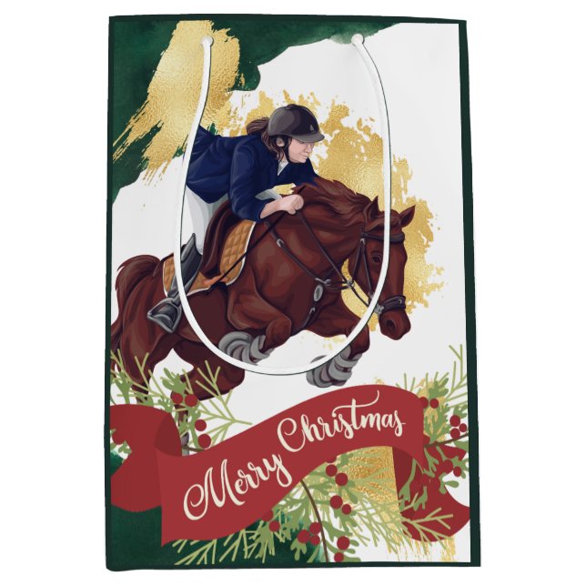 Girl and Horse Jumping Colourful Merry Christmas Medium Gift Bag (Front)