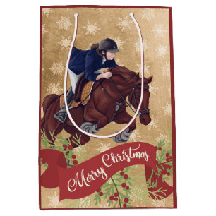 Girl and Horse Jumping Merry Christmas Golden Medium Gift Bag