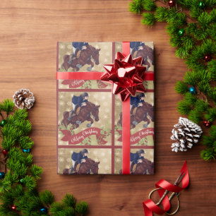 Girl and Horse Jumping Merry Christmas Golden Wrapping Paper