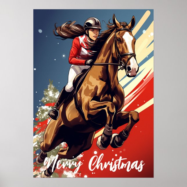 Girl and Horse Jumping Merry Christmas Holiday Poster (Front)
