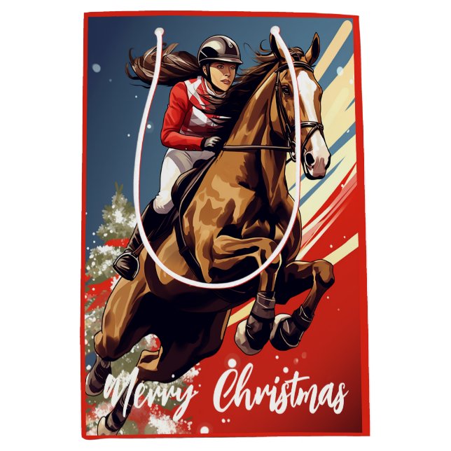 Girl and Horse Jumping Merry Christmas Medium Gift Bag (Front)
