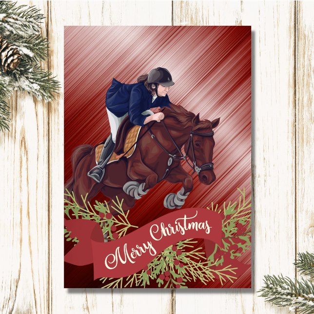 Girl and Horse Jumping Merry Christmas Red  Holiday Card (Creator Uploaded)