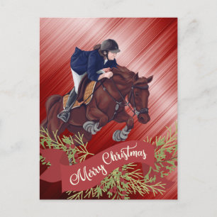Girl and Horse Jumping Merry Christmas Red  Postcard