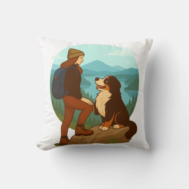 Girl and Mountain Dog Adventure Illustration Cushion (Front)