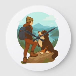Girl and Mountain Dog Adventure Illustration Large Clock