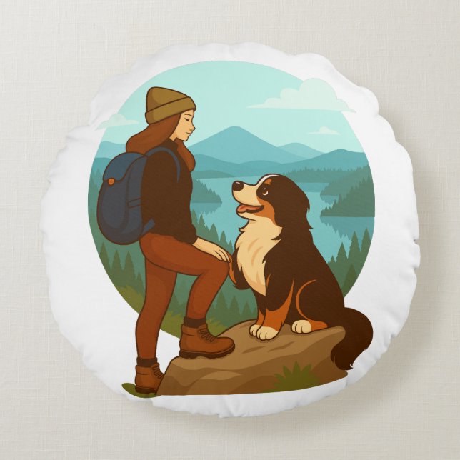 Girl and Mountain Dog Adventure Illustration Round Cushion (Front)