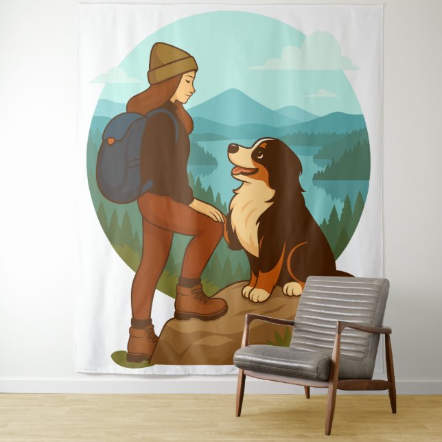Girl and Mountain Dog Adventure Illustration Tapestry (In Situ)