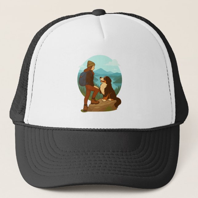 Girl and Mountain Dog Adventure Illustration Trucker Hat (Front)