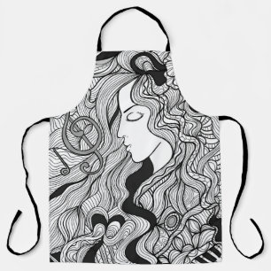 Girl and music. Vintage illustration. Black outlin Apron